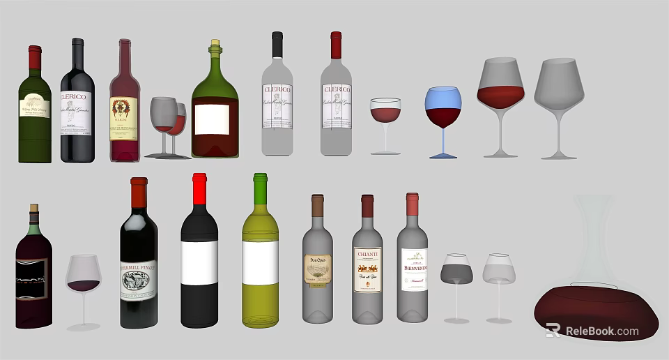Different Styles of Wine Bottles and Glasses Collection for Wine Enthusiasts Display Setup 3d model 