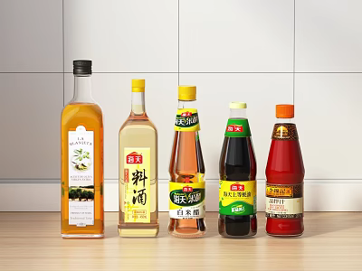 Different Types of Condiment Bottles Arranged on Kitchen Counter with White Tiles 3d model