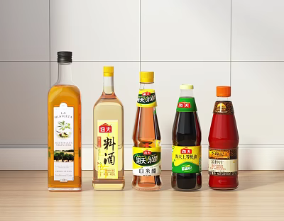Different Types of Condiment Bottles Arranged on Kitchen Counter with White Tiles 3d model