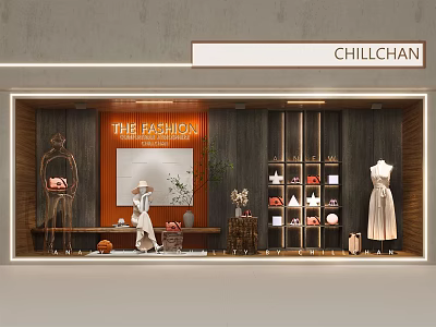 Chillchan Fashion Store Window Display Featuring Mannequins Clothing And Decorative Shelves 3d model