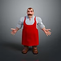 A Man in Red Apron and White Shirt with Mustache Standing Arms Outstretched