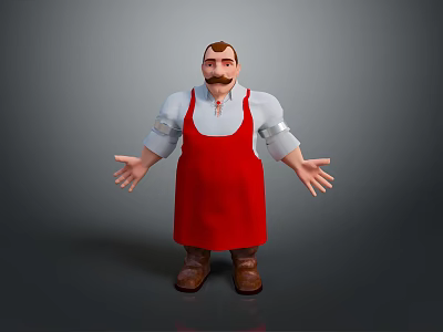 A Man in Red Apron and White Shirt with Mustache Standing Arms Outstretched 3d model