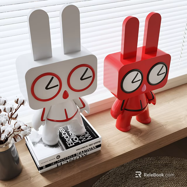 Modern Rabbit Sculptures In White And Red Colors Displayed On Window Sill 3d model 