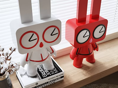 Modern Rabbit Sculptures In White And Red Colors Displayed On Window Sill 3d model