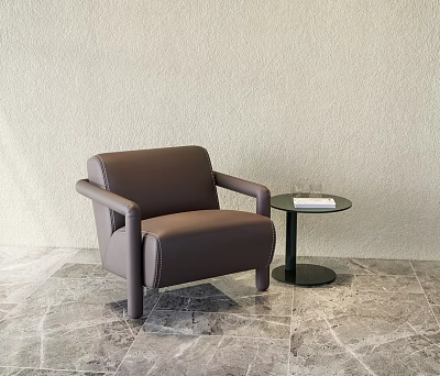 Stylish Brown Leather Armchair With Small Round Side Table On Marble Floor 3d model