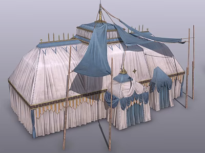 Traditional Tent Structure With White Fabric Blue Decorative Flags And Golden Ornaments 3d model
