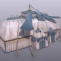 Traditional Tent Structure With White Fabric Blue Decorative Flags And Golden Ornaments