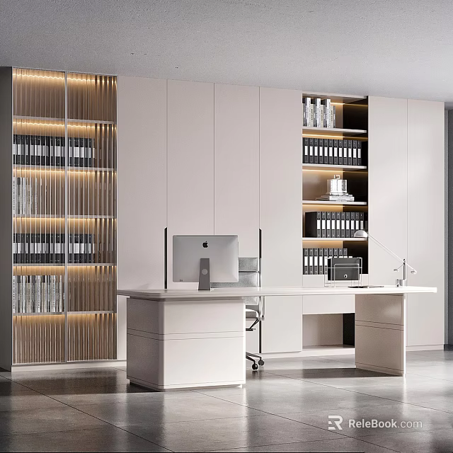 Modern Living Room Interior With White Cabinets Bookshelf Desk And iMac Computer Chair 3d model 