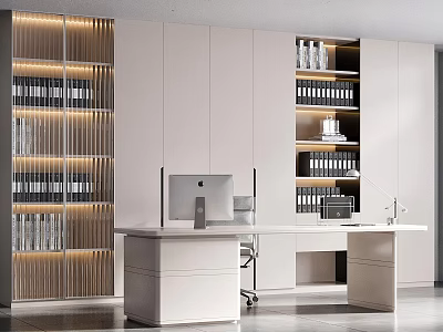 Modern Living Room Interior With White Cabinets Bookshelf Desk And iMac Computer Chair 3d model