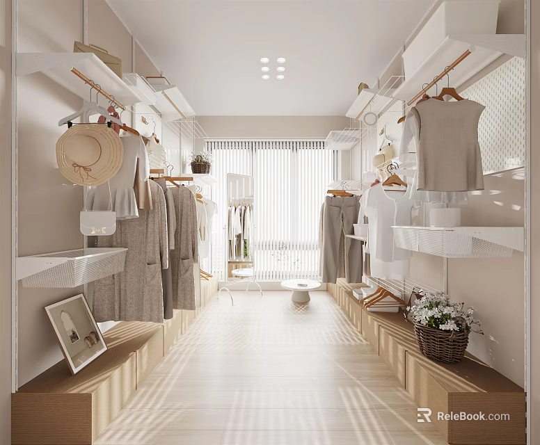 Elegant Modern Walk-in Closet Interior With White Shelves Hanging Clothes And Natural Light 3d model 