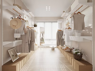 Elegant Modern Walk-in Closet Interior With White Shelves Hanging Clothes And Natural Light 3d model