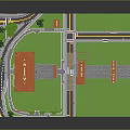 Cartoon Scene With Orange Buildings Green Grass Trees Paths And Street Lamps
