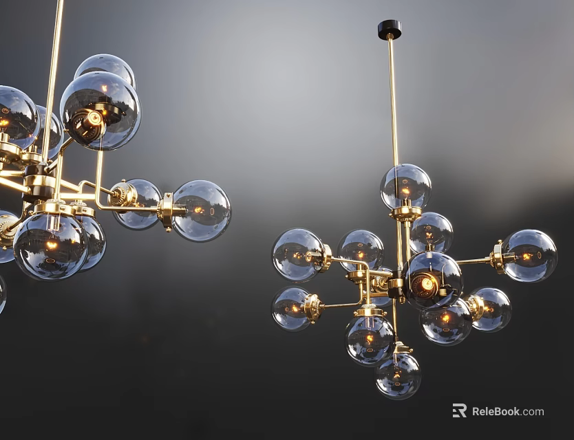 Modern Chandeliers With Golden Metal Frame And Multiple Transparent Glass Globes 3d model 