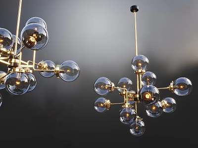 Modern Chandeliers With Golden Metal Frame And Multiple Transparent Glass Globes 3d model