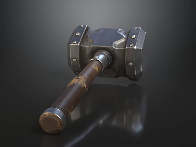 Vintage Forged Medieval Steel Hammer With Worn Solid Wooden Handle And Riveted Heavy Head 3d model