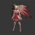 Game Movie Character In Pink Outfit With Silver Armor Red Feathered Wings Fantasy 3D Design