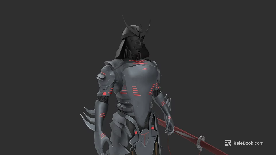 Game Movie Character Samurai in Gray Armor with Red Glowing Lines and Sword 3d model 