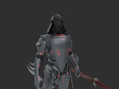 Game Movie Character Samurai in Gray Armor with Red Glowing Lines and Sword 3d model