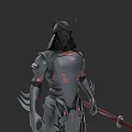 Game Movie Character Samurai in Gray Armor with Red Glowing Lines and Sword