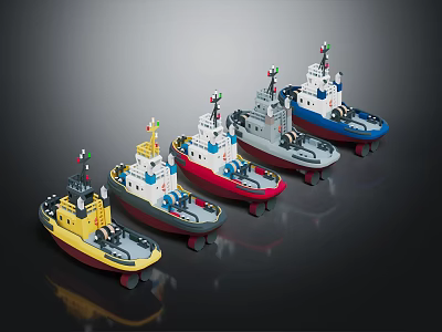 Multiple Different Colored Toy Tugboat Models As Water Transport Displays 3d model