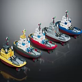 Multiple Different Colored Toy Tugboat Models As Water Transport Displays