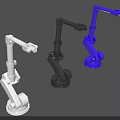 Three Robotic Arms 3D Model Display in White Black and Blue Colors