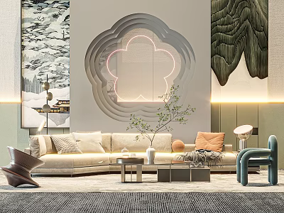 Modern Sofa Coffee Table Combination with Beige Sofa Decorative Pillows Green Plant and Wall Art 3d model