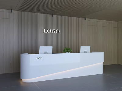 Modern Reception Desk With White Counter Wooden Background Wall Two Computers Green Plant And Logo 3d model