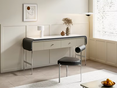 Modern Home Office Desk With Black Leather Stool White Lamp And Wall Art 3d model