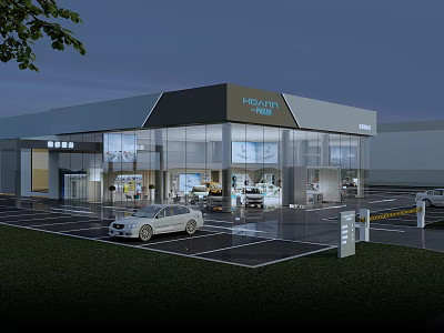 Modern Car Dealership Showroom Featuring Glass Facade And Vehicle Display With Parking Lot 3d model