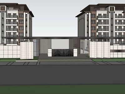 Twin Modern High Rise Buildings Entrance Gate With Columns And Covered Structure 3d model