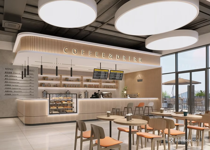 Modern Coffee Shop Interior Design With Wooden Counter Round Hanging Lights Menu Screens And Tables Chairs 3d model 