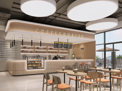 Modern Coffee Shop Interior Design With Wooden Counter Round Hanging Lights Menu Screens And Tables Chairs 3d model