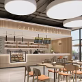 Modern Coffee Shop Interior Design With Wooden Counter Round Hanging Lights Menu Screens And Tables Chairs