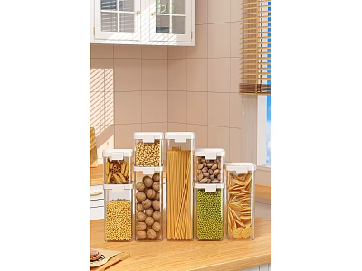 Clear Food Storage Containers With Pasta Beans And Grains On Kitchen Counter 3d model