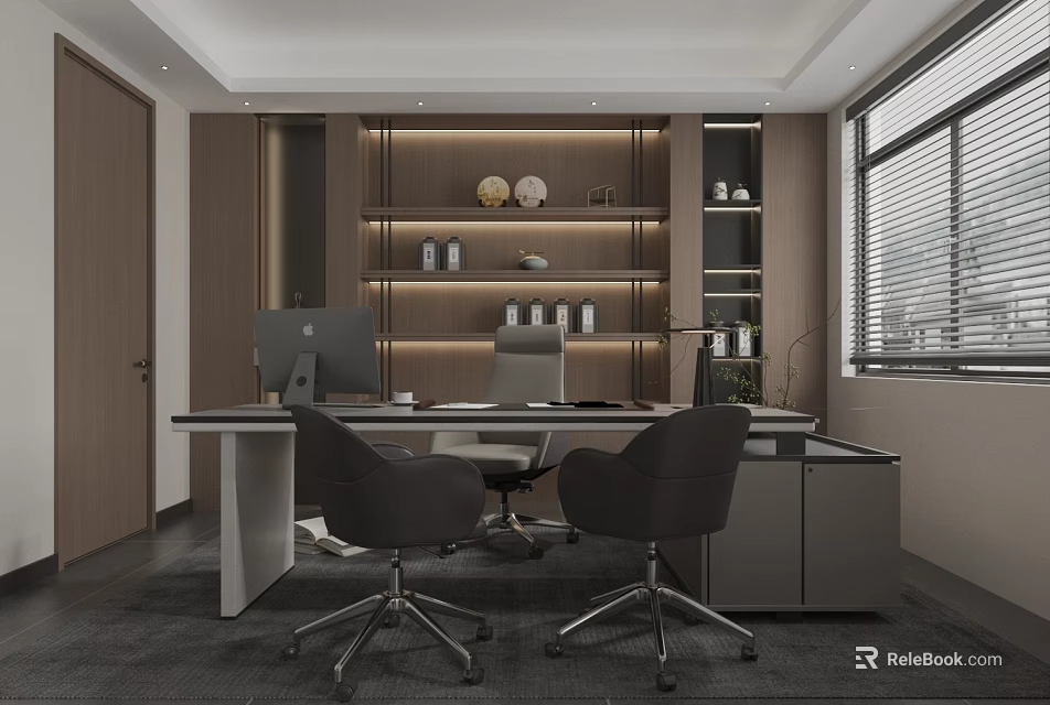 Modern Office Interior Design With Desk Two Chairs Computer Shelves Lighting And Window Blinds 3d model