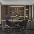 Modern Office Interior Design With Desk Two Chairs Computer Shelves Lighting And Window Blinds 3d model