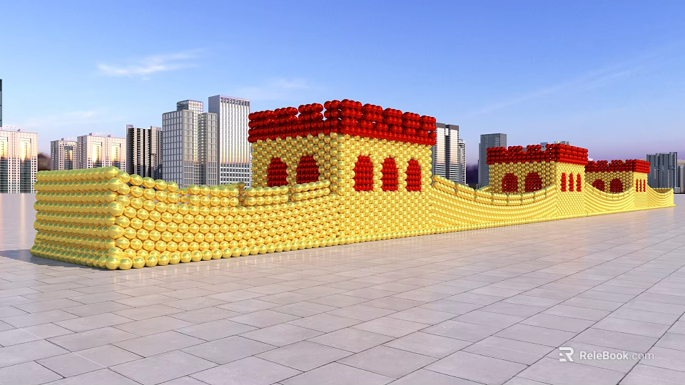 Giant Balloon Sculpture of Great Wall with Red Yellow Sections in Urban Square 3d model 