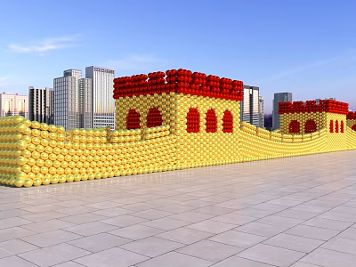 Giant Balloon Sculpture of Great Wall with Red Yellow Sections in Urban Square 3d model