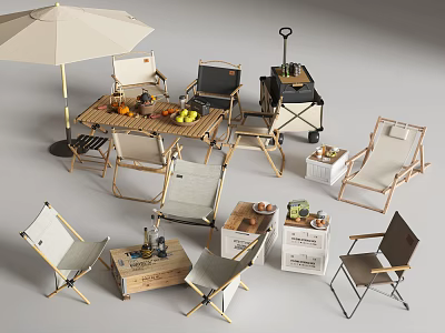Outdoor Table And Chair Set With Folding Chairs Umbrella And Trolley 3d model