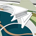 Modern Sales Office Building Architectural Design With Curved Glass Facade And Water Reflection