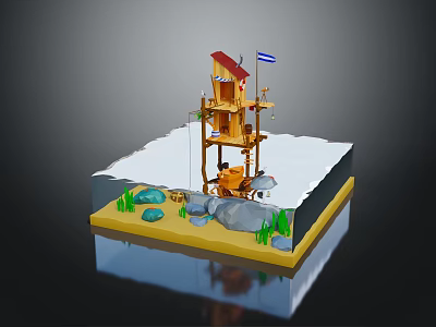 Miniature Scene Model With Wooden Tower Red Roof Blue White Flag Snowy Yellow Ground Stones Plants 3d model