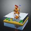 Miniature Scene Model With Wooden Tower Red Roof Blue White Flag Snowy Yellow Ground Stones Plants