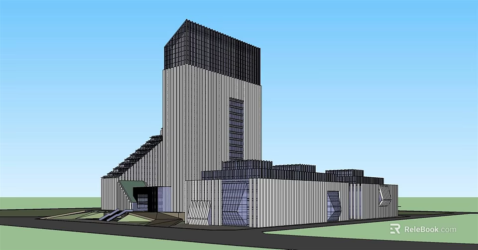 Modern Office Building Exterior With Glass Curtain Walls And Striped Facade 3d model 