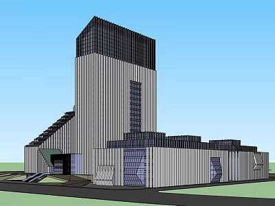 Modern Office Building Exterior With Glass Curtain Walls And Striped Facade 3d model
