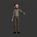 3D Male Character in Striped Vest Long Sleeve Shirt Brown Pants with Outstretched Hand on Gray Background