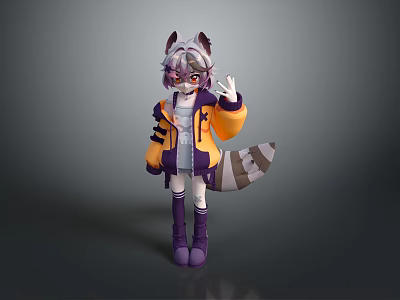 Cartoon Style Game And Movie Character With Gray Fur Raccoon Tail Purple Ears And Waving Hand 3d model