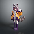 Cartoon Style Game And Movie Character With Gray Fur Raccoon Tail Purple Ears And Waving Hand
