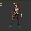 3D Red Haired Female Adventurer Character In Brown Striped Outfit With Hat And Holster
