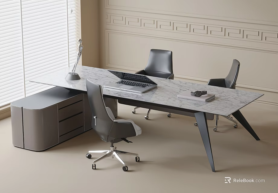 Marble Office Table With Gray Swivel Chairs And Drawer Cabinet Desk Lamp Setup 3d model 